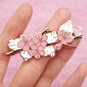 Bunny Flower Pin, Gold, White and Pink, Bunny and Flower Vine Enamel Pin